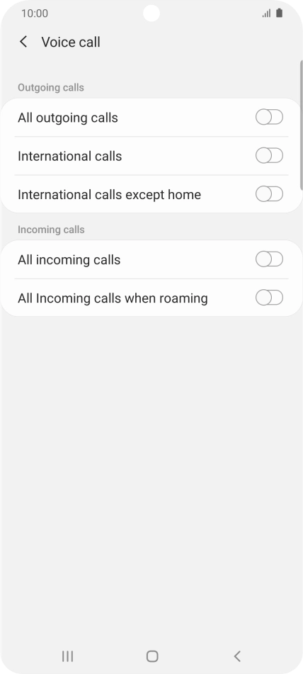 Press the indicator next to the required barring type to turn the function on or off. Press the indicator next to the required barring type to turn the function on or off.