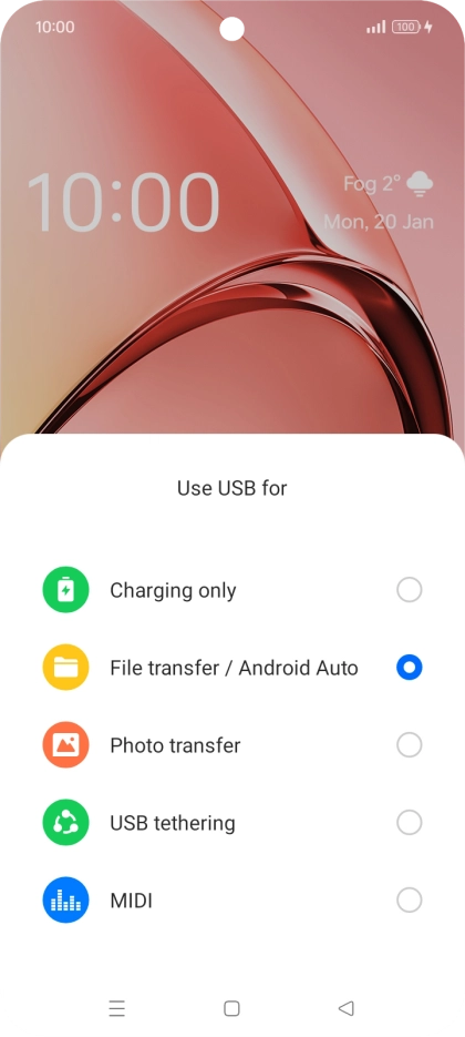 Press File transfer / Android Auto. Press File transfer / Android Auto.