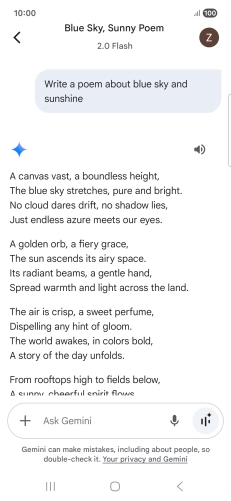 You can ask Gemini to generate a text based on your description. You can ask Gemini to generate a text based on your description.