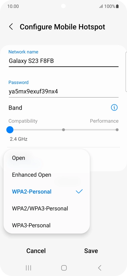 Press WPA3-Personal to password protect your Wi-Fi hotspot. Press WPA3-Personal to password protect your Wi-Fi hotspot.
