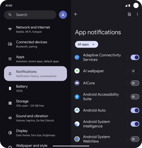Press the indicator next to the required apps to turn the function on or off. Press the indicator next to the required apps to turn the function on or off.