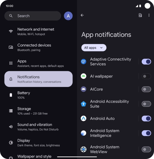 Press the indicator next to the required apps to turn the function on or off. Press the indicator next to the required apps to turn the function on or off.