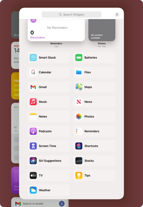 Press the required widget. Press the required widget.