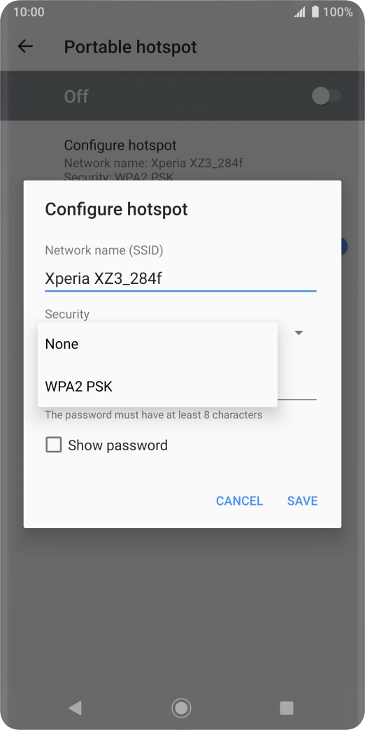 Press WPA2 PSK to password protect your Wi-Fi hotspot. Press WPA2 PSK to password protect your Wi-Fi hotspot.