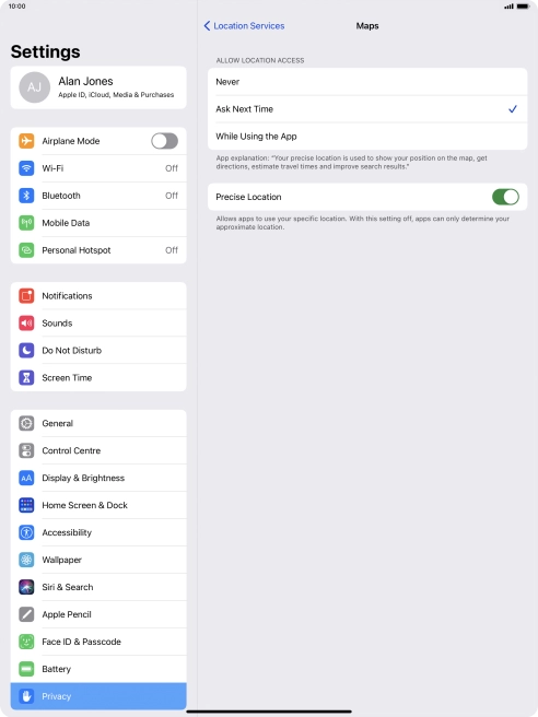 Press the required setting to turn the function on or off. Press the required setting to turn the function on or off.