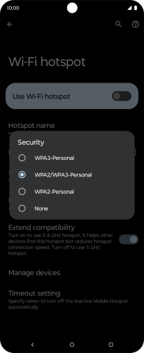Press WPA3-Personal to password protect your Wi-Fi hotspot. Press WPA3-Personal to password protect your Wi-Fi hotspot.