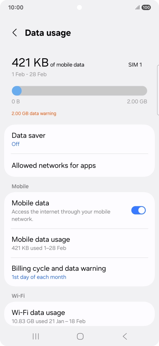 The total data usage is displayed. The total data usage is displayed.