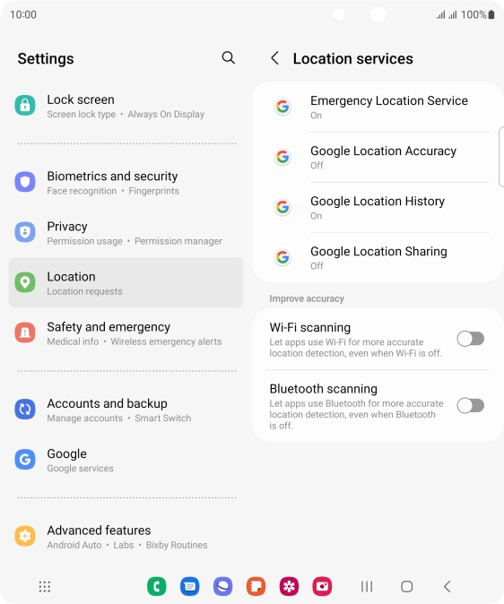 Press Google Location Accuracy. Press Google Location Accuracy.