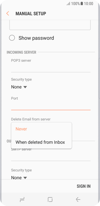 Press Never to keep email messages on the server when you delete them on your phone. Press Never to keep email messages on the server when you delete them on your phone.