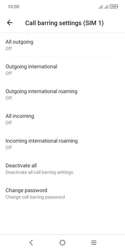 Press the required barring type to turn the function on or off. Press the required barring type to turn the function on or off.
