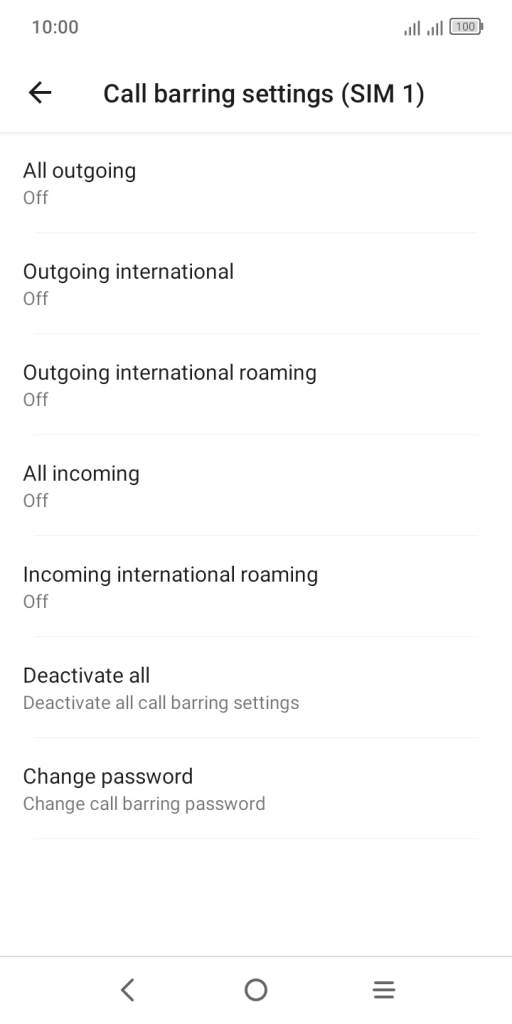 Press the required barring type to turn the function on or off. Press the required barring type to turn the function on or off.