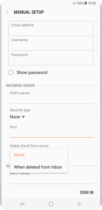 Press Never to keep email messages on the server when you delete them on your phone. Press Never to keep email messages on the server when you delete them on your phone.