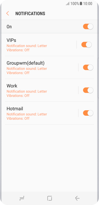 Press the indicator next to the required email account to turn the function on or off. Press the indicator next to the required email account to turn the function on or off.