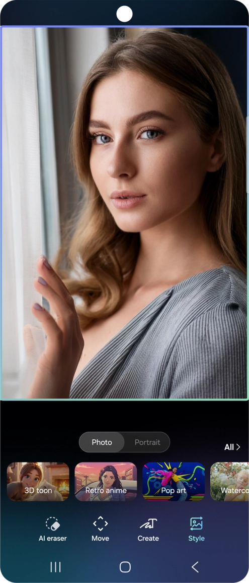 To change the style of your portrait photos, press Style and follow the instructions on the screen to use the function. To change the style of your portrait photos, press Style and follow the instructions on the screen to use the function.