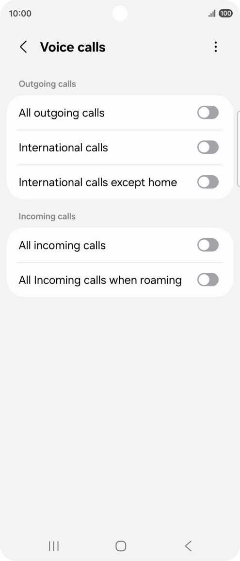 Press the indicator next to the required barring type to turn the function on or off. Press the indicator next to the required barring type to turn the function on or off.