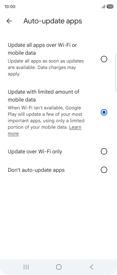 To turn on automatic update of apps using mobile network, press Update all apps over Wi-Fi or mobile data. To turn on automatic update of apps using mobile network, press Update all apps over Wi-Fi or mobile data.