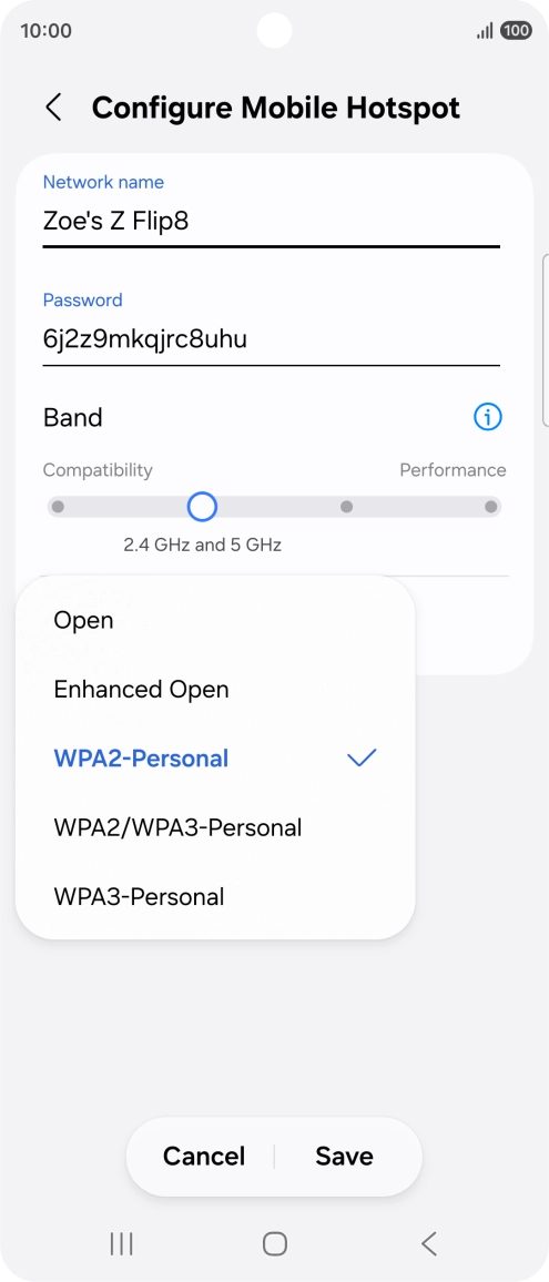 Press WPA3-Personal to password protect your Wi-Fi hotspot. Press WPA3-Personal to password protect your Wi-Fi hotspot.