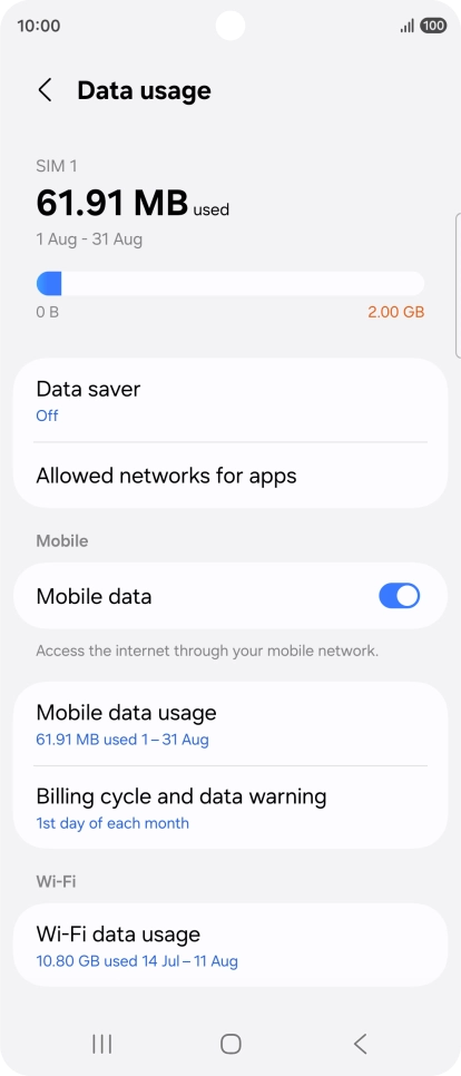 The total data usage is displayed. The total data usage is displayed.