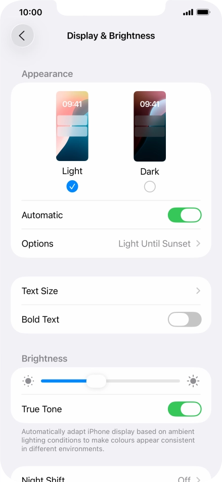 If you turn on the function, press Options and follow the instructions on the screen to select the required period of time for Dark Mode. If you turn on the function, press Options and follow the instructions on the screen to select the required period of time for Dark Mode.