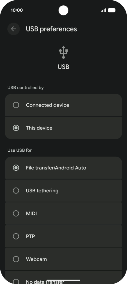 Press File transfer/Android Auto. Press File transfer/Android Auto.