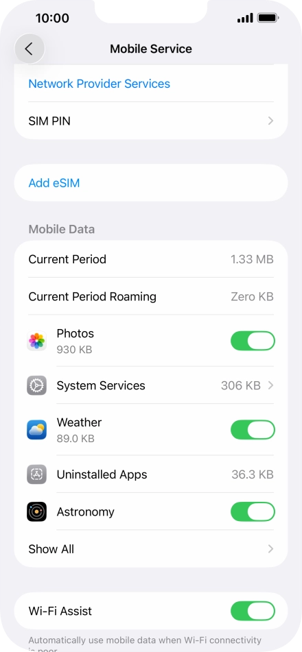 The total data usage is displayed next to Current Period. The total data usage is displayed next to Current Period.