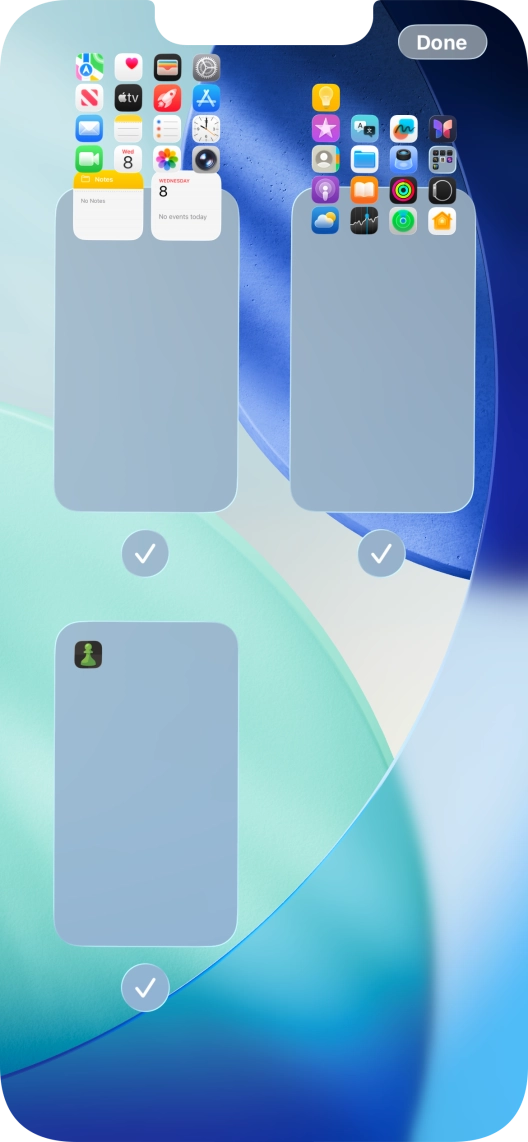 Press the field below the required home screen page to turn page view on or off. Press the field below the required home screen page to turn page view on or off.