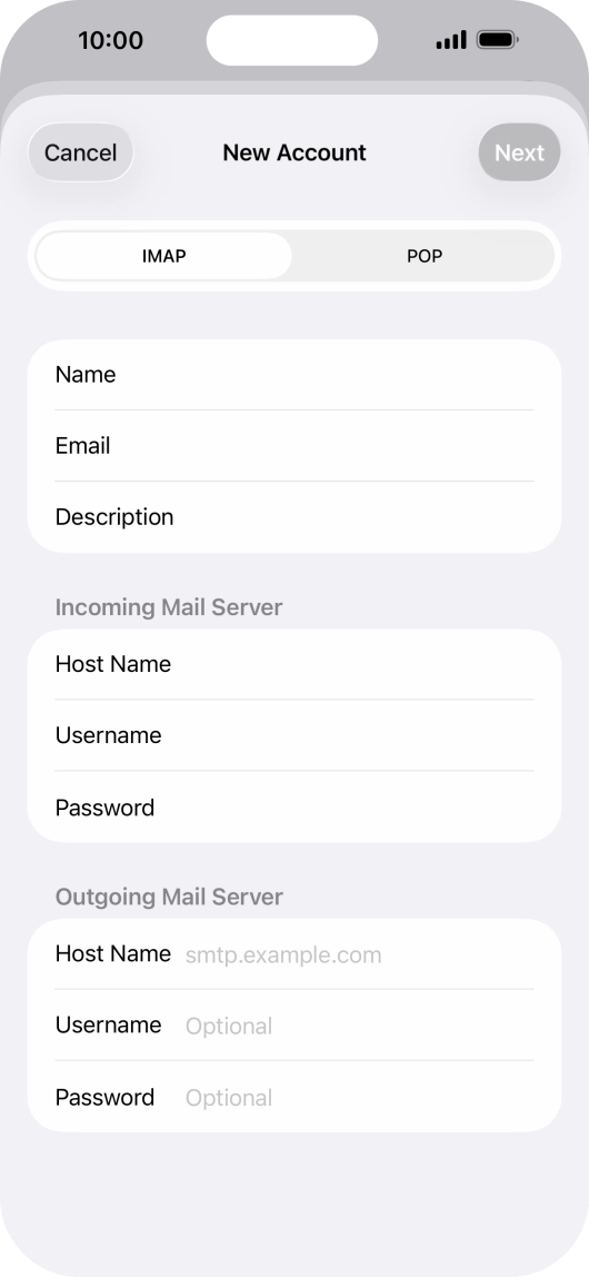Press Host Name and key in the name of your email provider's outgoing server. Press Host Name and key in the name of your email provider's outgoing server.