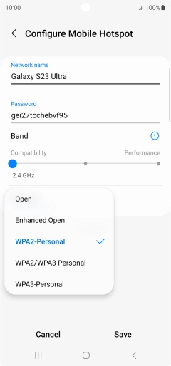 Press WPA3-Personal to password protect your Wi-Fi hotspot. Press WPA3-Personal to password protect your Wi-Fi hotspot.