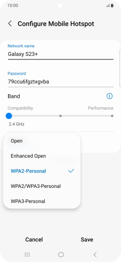 Press WPA3-Personal to password protect your Wi-Fi hotspot. Press WPA3-Personal to password protect your Wi-Fi hotspot.