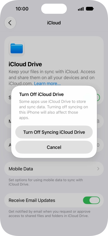 If you turn off the function, press Turn Off Syncing iCloud Drive. If you turn off the function, press Turn Off Syncing iCloud Drive.