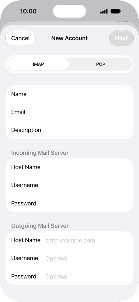Press Host Name and key in the name of your email provider's outgoing server. Press Host Name and key in the name of your email provider's outgoing server.
