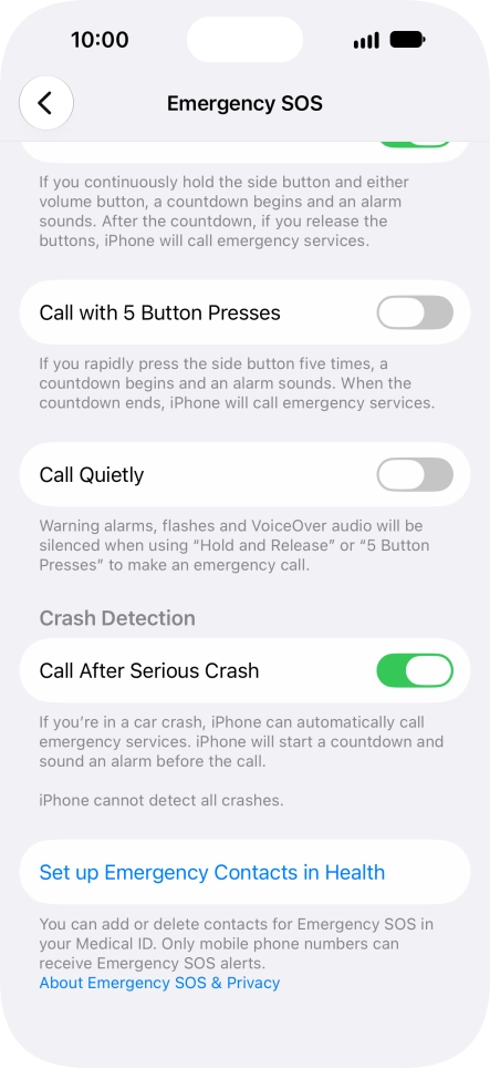 Press Set up Emergency Contacts in Health and follow the instructions on the screen to key in your emergency info and emergency contacts. Press Set up Emergency Contacts in Health and follow the instructions on the screen to key in your emergency info and emergency contacts.