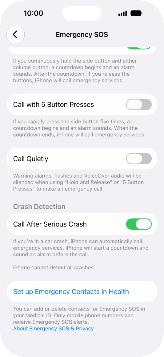 Press Set up Emergency Contacts in Health and follow the instructions on the screen to key in your emergency info and emergency contacts. Press Set up Emergency Contacts in Health and follow the instructions on the screen to key in your emergency info and emergency contacts.