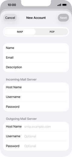 Press Host Name and key in the name of your email provider's outgoing server. Press Host Name and key in the name of your email provider's outgoing server.