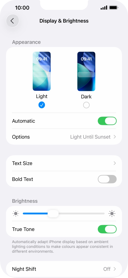 If you turn on the function, press Options and follow the instructions on the screen to select the required period of time for Dark Mode. If you turn on the function, press Options and follow the instructions on the screen to select the required period of time for Dark Mode.
