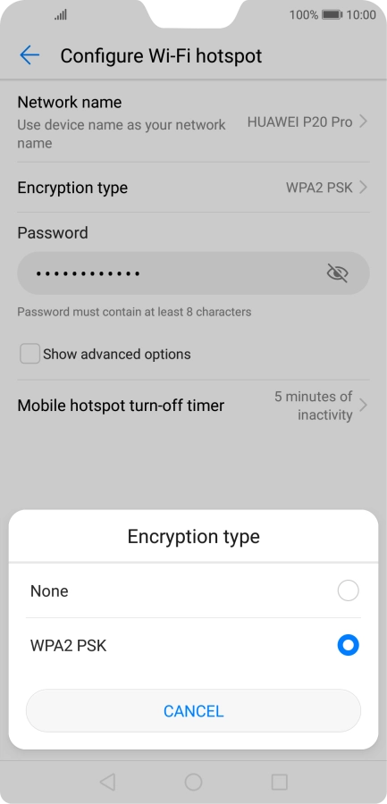 Press WPA2 PSK to password protect your Wi-Fi hotspot. Press WPA2 PSK to password protect your Wi-Fi hotspot.