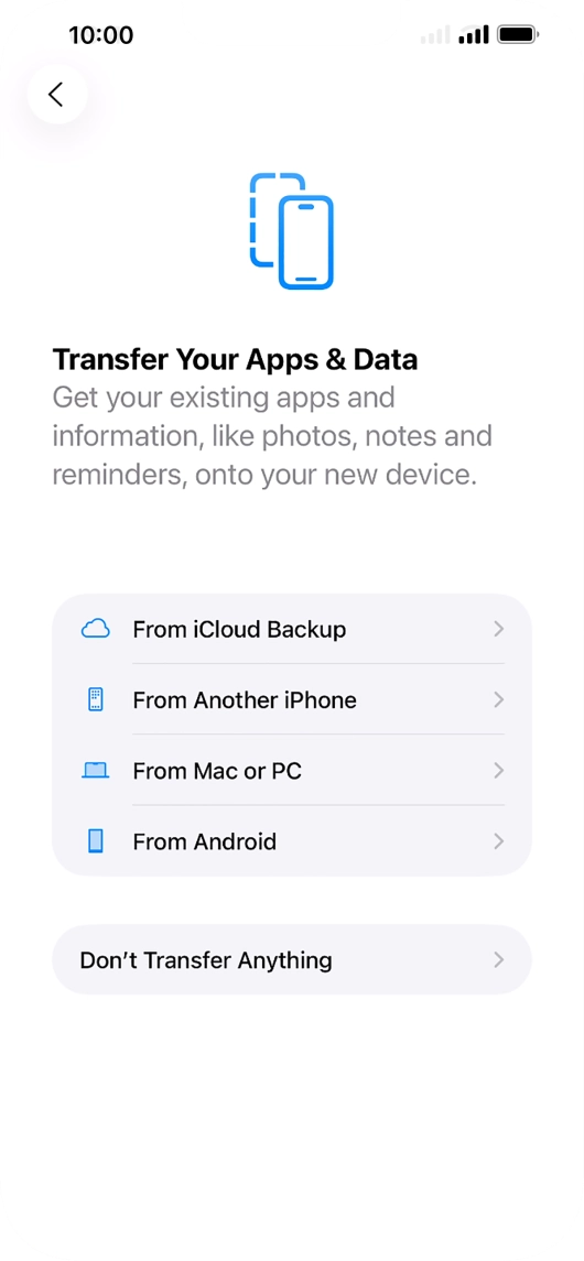 You can transfer content from an Android phone when your phone is activated for the first time and after a factory reset. When this screen is displayed, your phone is ready to transfer content from an Android phone. You can transfer content from an Android phone when your phone is activated for the first time and after a factory reset. When this screen is displayed, your phone is ready to transfer content from an Android phone.