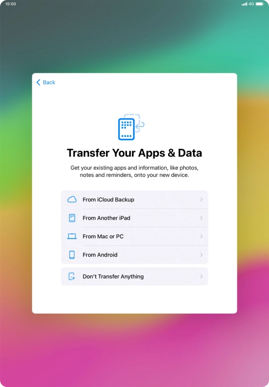 You can transfer the contents of an Android device to your tablet when it's activated for the first time and after a factory reset. When this screen is displayed, your tablet is ready to transfer contents from an Android device. You can transfer the contents of an Android device to your tablet when it's activated for the first time and after a factory reset. When this screen is displayed, your tablet is ready to transfer contents from an Android device.