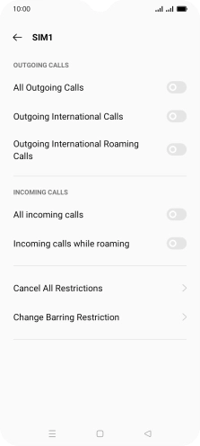Press the indicator next to the required barring type to turn the function on or off. Press the indicator next to the required barring type to turn the function on or off.