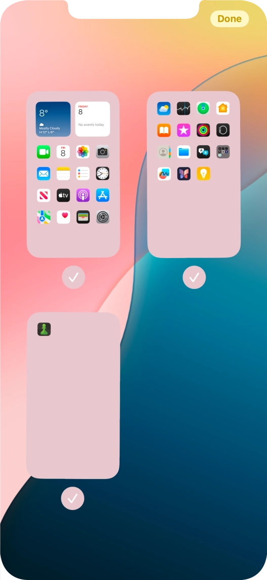 Press the fields below the required home screen pages to select or deselect them. Press the fields below the required home screen pages to select or deselect them.