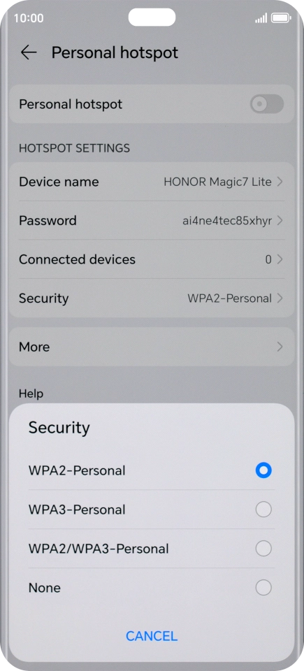 Press WPA3-Personal to password protect your Wi-Fi hotspot. Press WPA3-Personal to password protect your Wi-Fi hotspot.