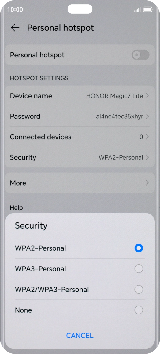 Press WPA3-Personal to password protect your Wi-Fi hotspot. Press WPA3-Personal to password protect your Wi-Fi hotspot.
