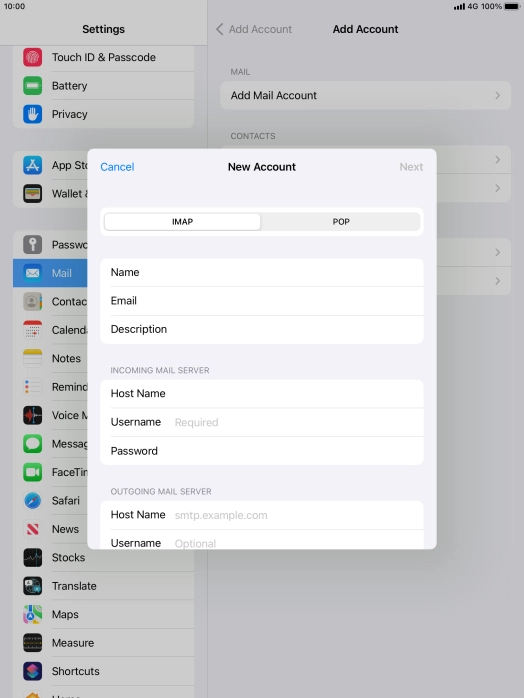 Press Username and key in the username for your email account. Press Username and key in the username for your email account.