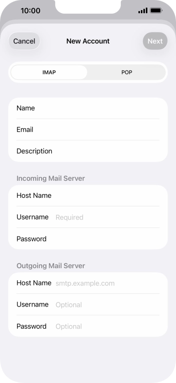 Press Username and key in the username for your email account. Press Username and key in the username for your email account.