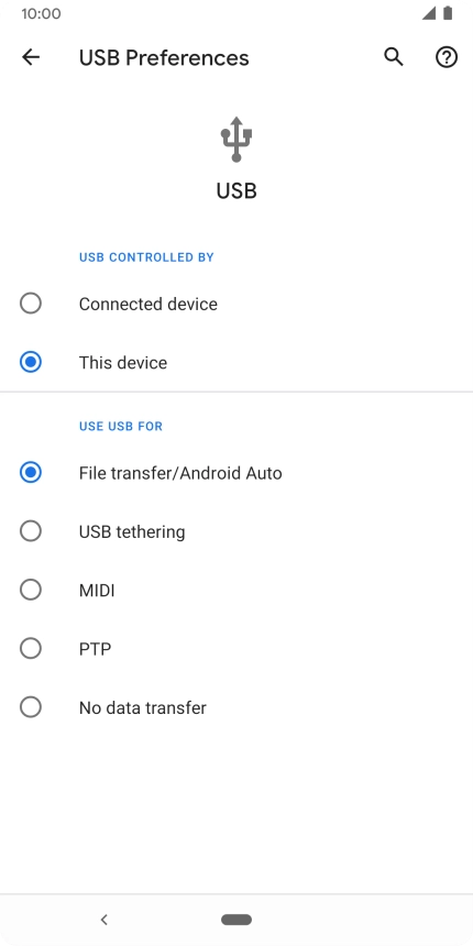 Press File transfer/Android Auto. Press File transfer/Android Auto.