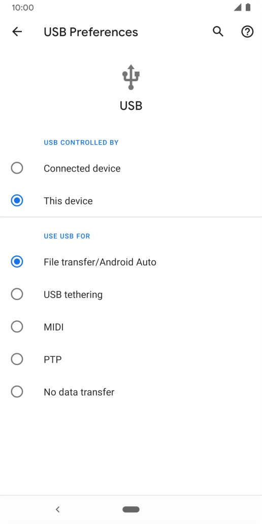 Press File transfer/Android Auto. Press File transfer/Android Auto.