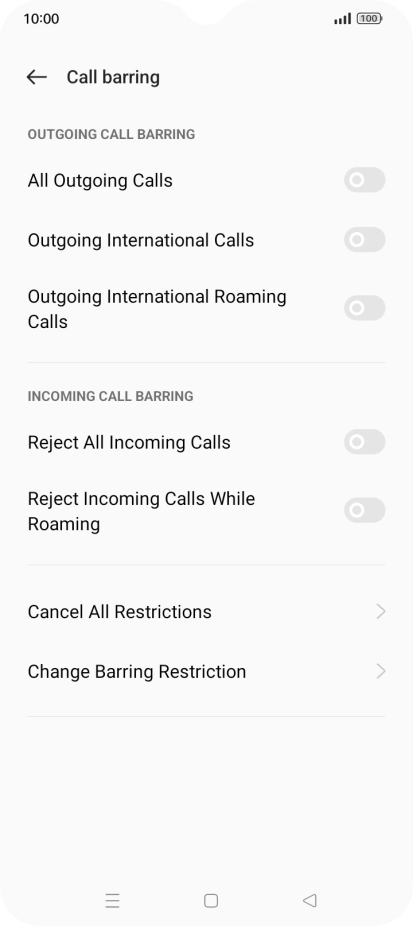 Press the required barring type. Press the required barring type.
