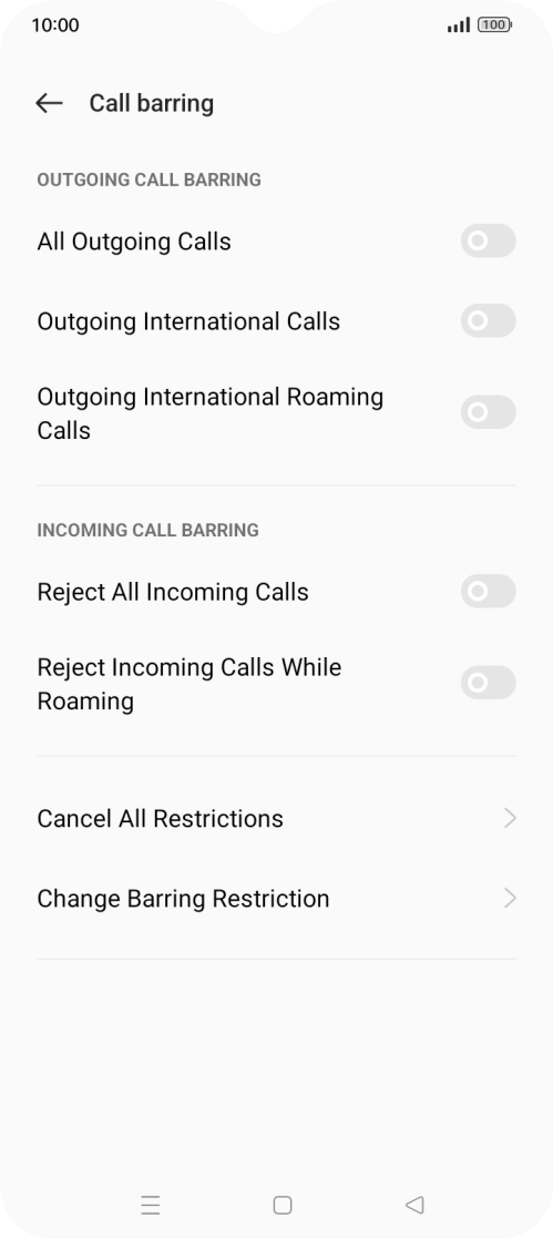 Press the required barring type. Press the required barring type.