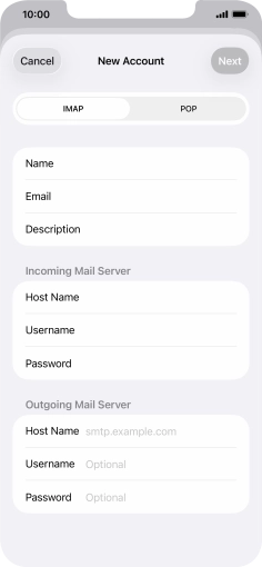 Press Host Name and key in the name of your email provider's outgoing server. Press Host Name and key in the name of your email provider's outgoing server.