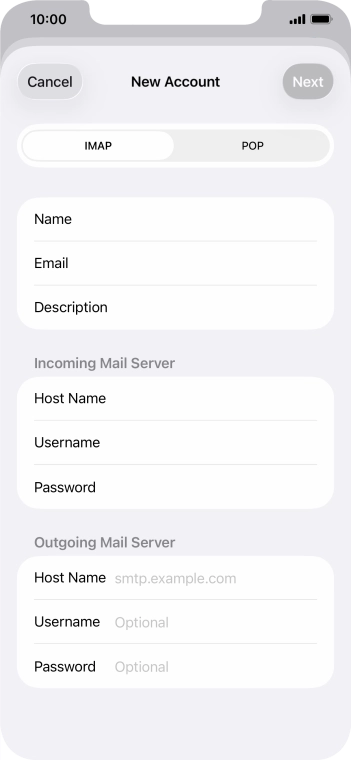 Press Host Name and key in the name of your email provider's outgoing server. Press Host Name and key in the name of your email provider's outgoing server.